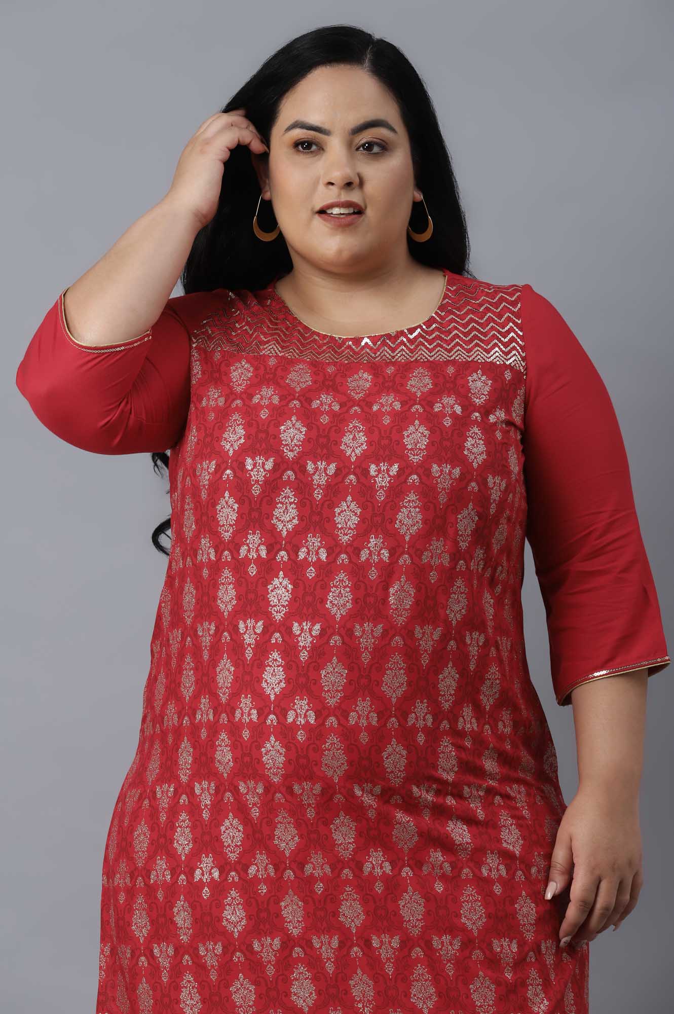 Red Glitter Print Straight kurta