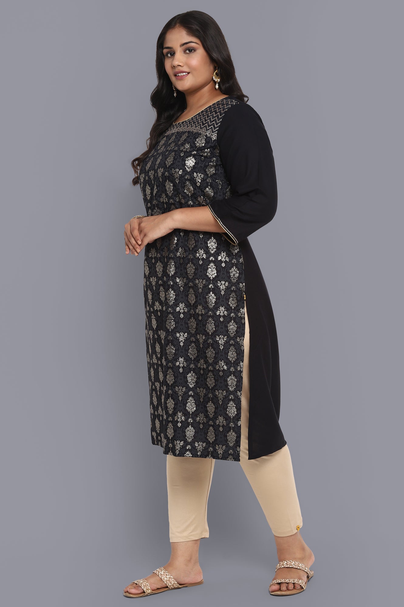 Black Glitter Print Straight kurta