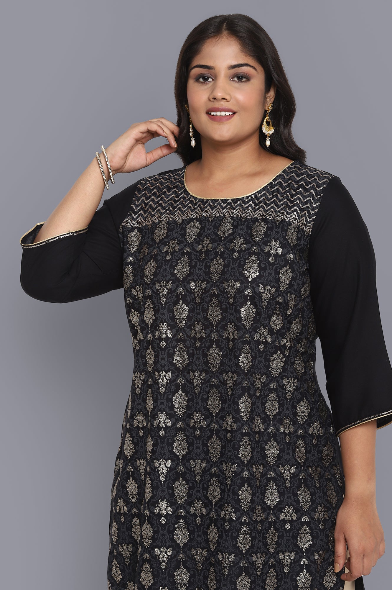 Black Glitter Print Straight kurta