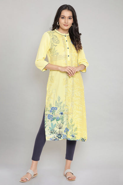 Yellow Mandarin Collar Printed Straight kurta