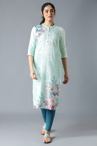 Green Mandarin Collar Printed Straight kurta