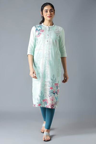 Green Mandarin Collar Printed Straight kurta