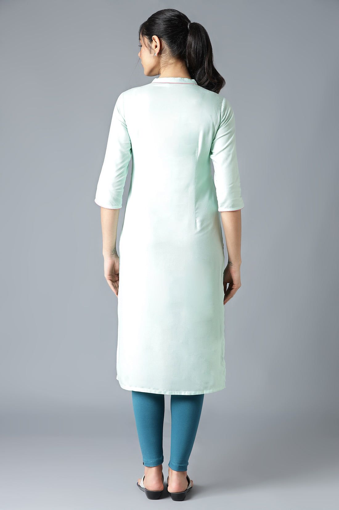 Green Mandarin Collar Printed Straight kurta