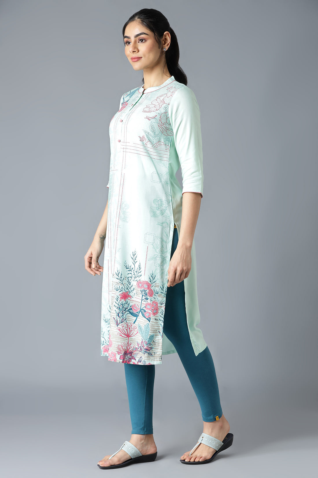 Green Mandarin Collar Printed Straight kurta