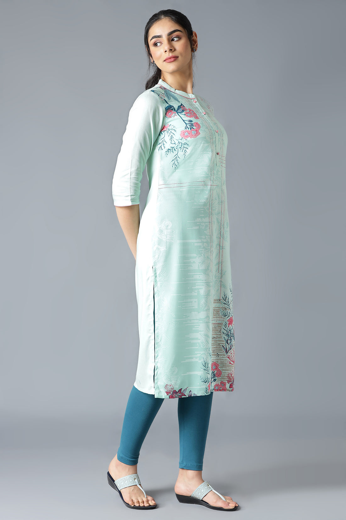Green Mandarin Collar Printed Straight kurta