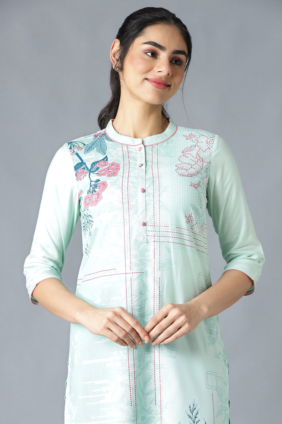 Green Mandarin Collar Printed Straight kurta