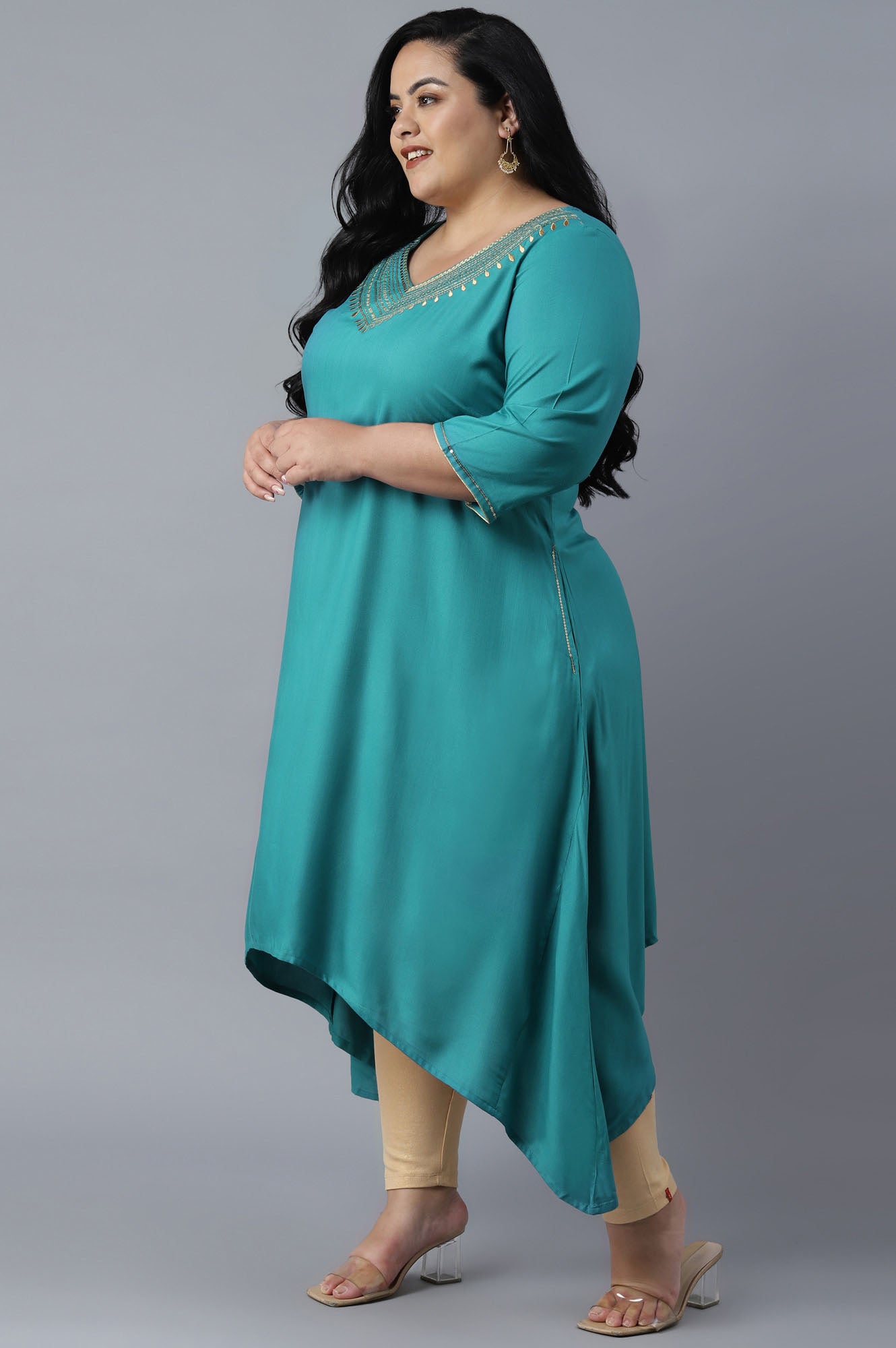 Teal Blue Assymetric A-line kurta