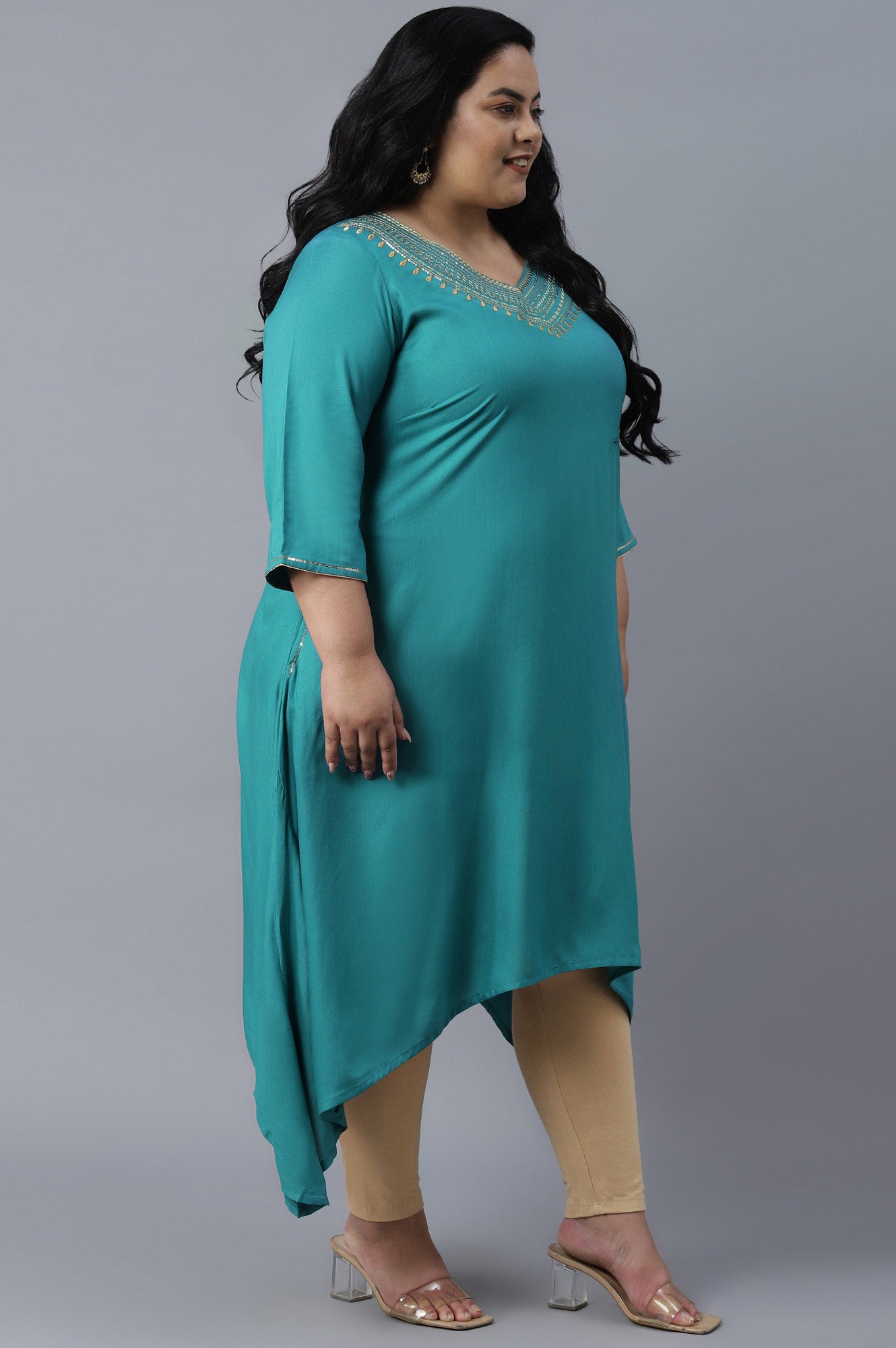 Teal Blue Assymetric A-line kurta