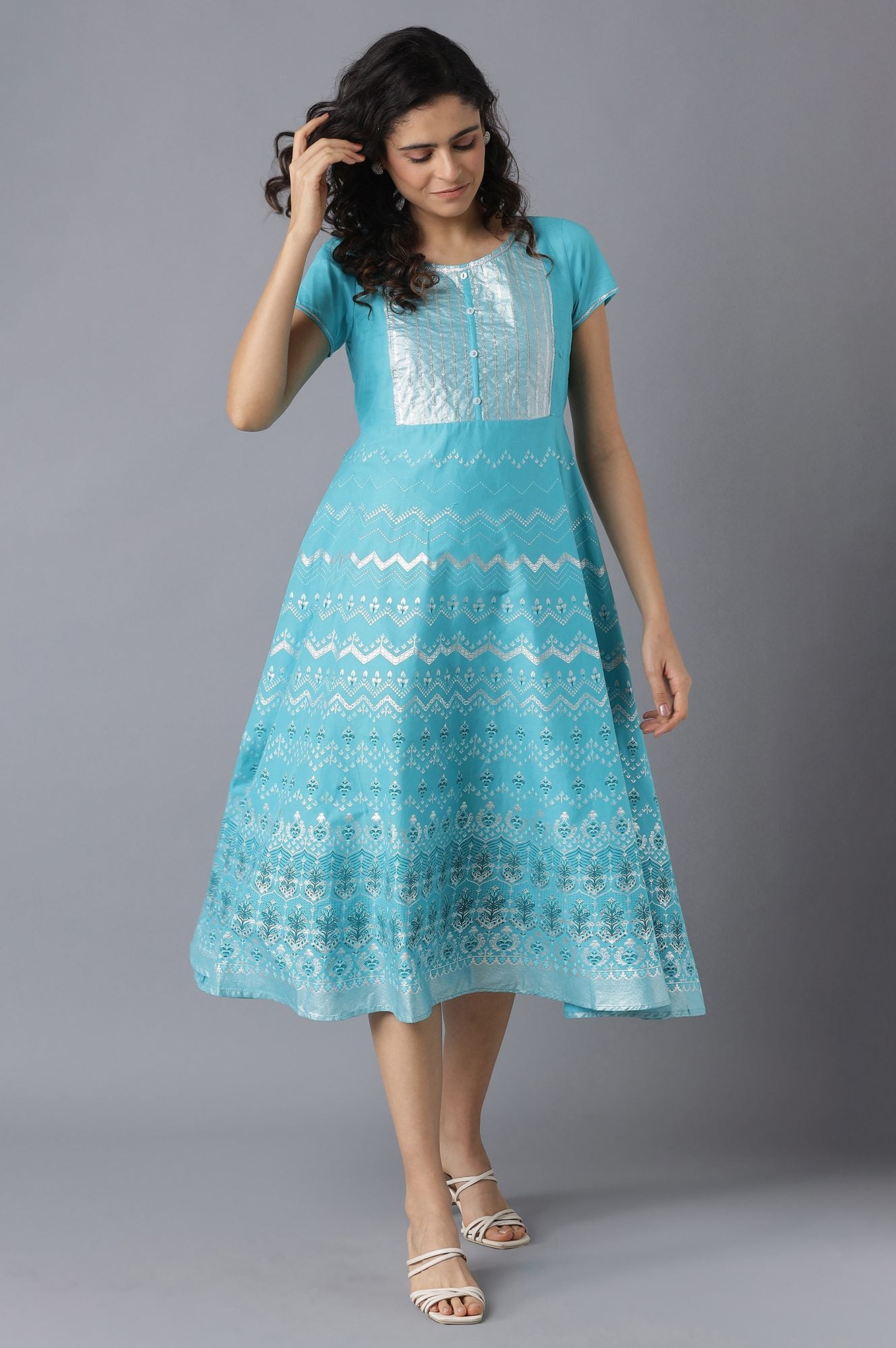 Blue Flared Ethnic kurta in Round Neck