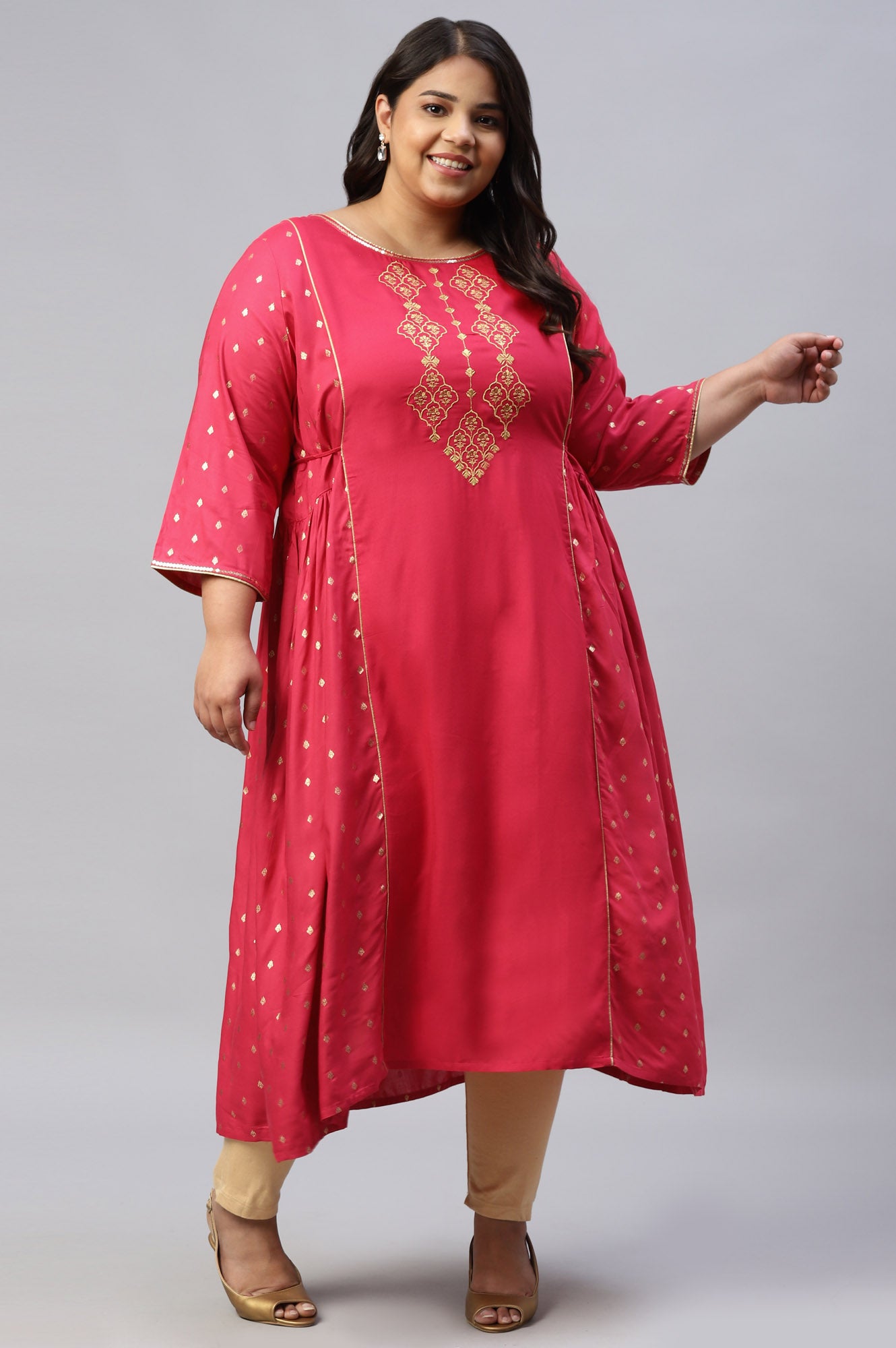 Pink Floral Printed Ethnic kurta With Zari Embroidery