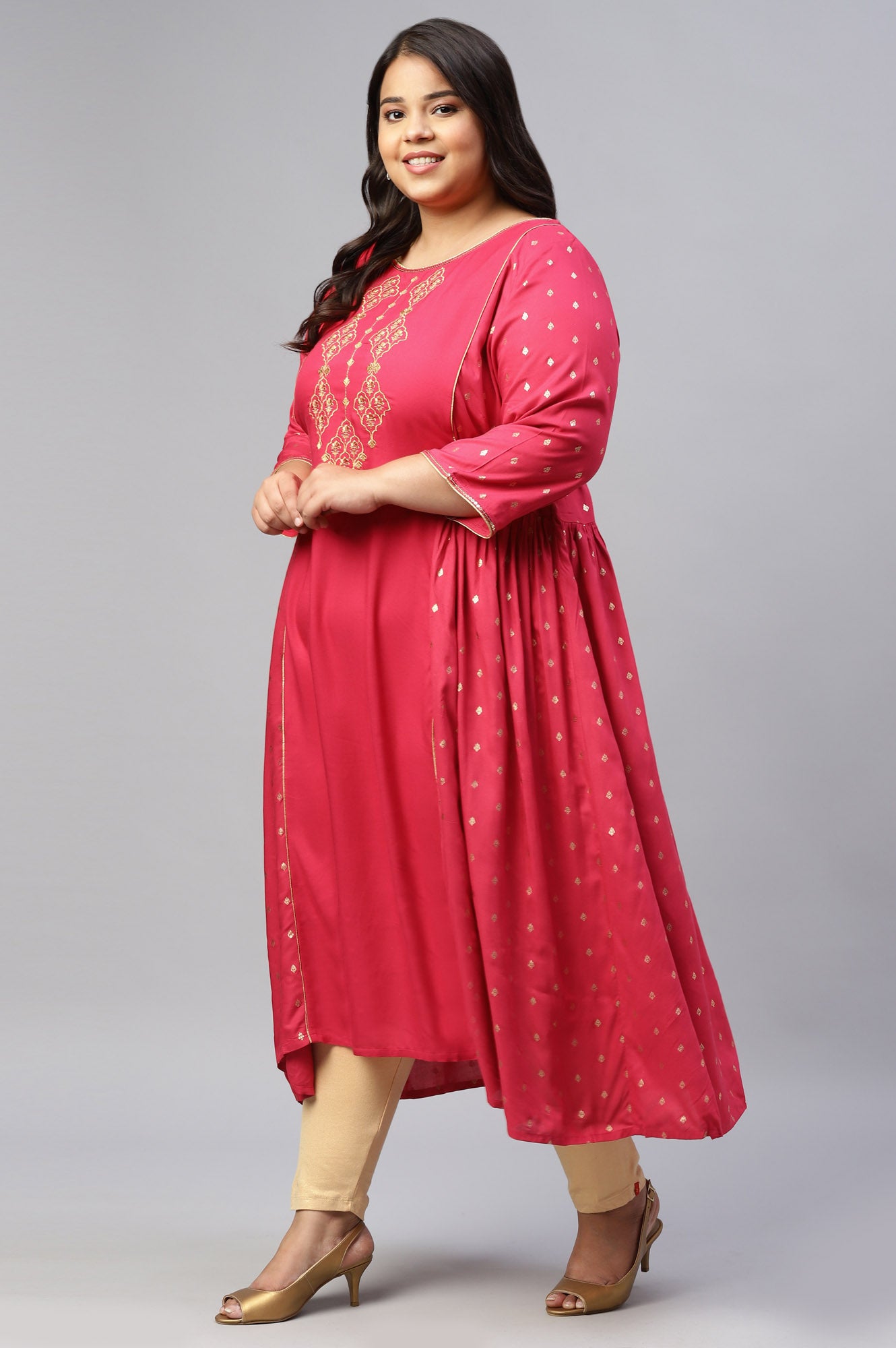 Pink Floral Printed Ethnic kurta With Zari Embroidery