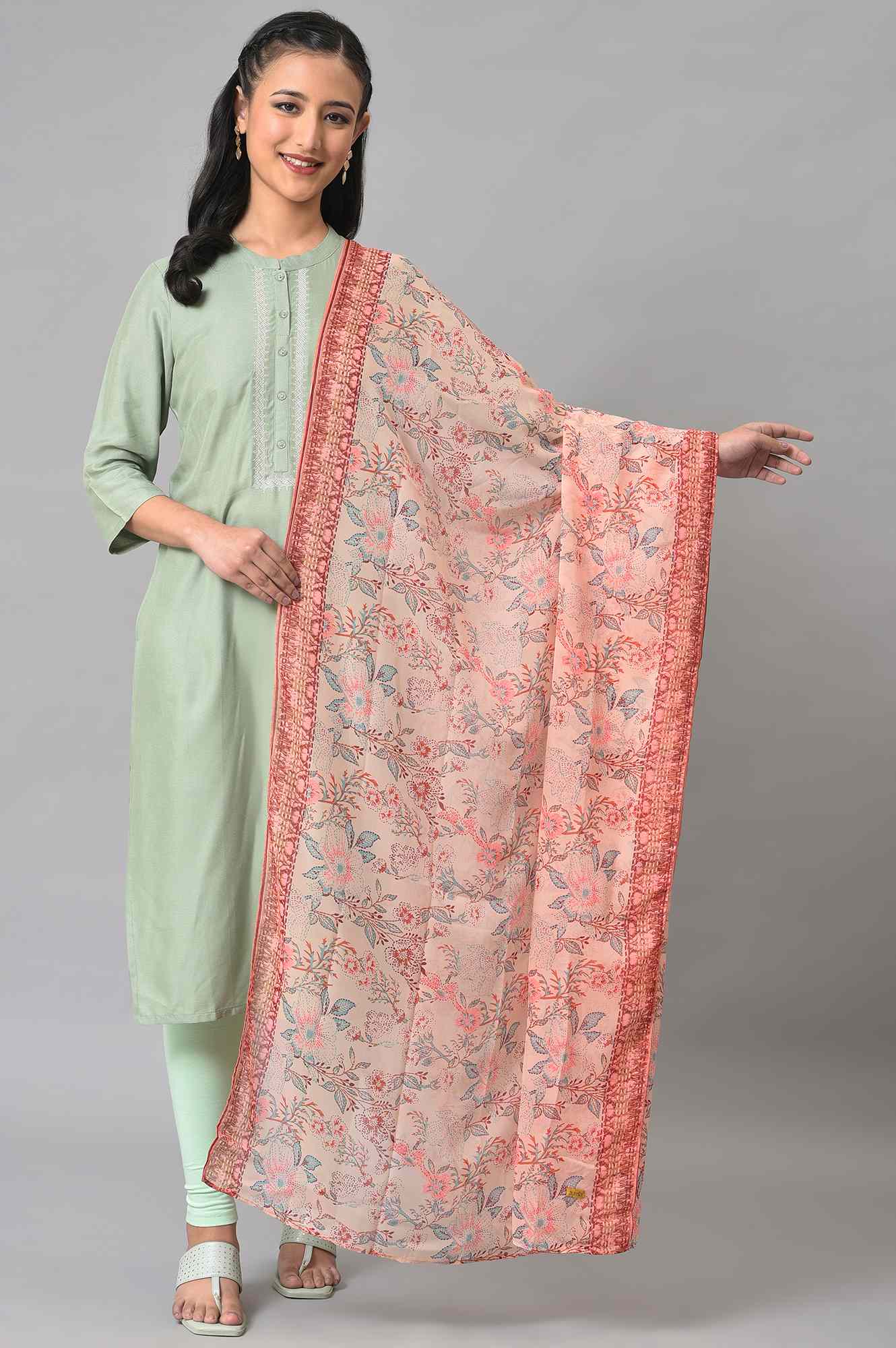 Peach Printed Chiffon Dupatta