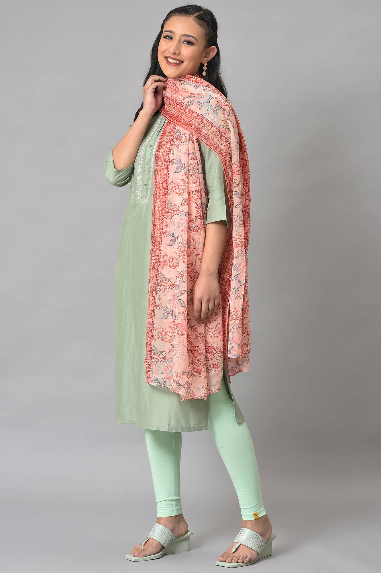 Peach Printed Chiffon Dupatta