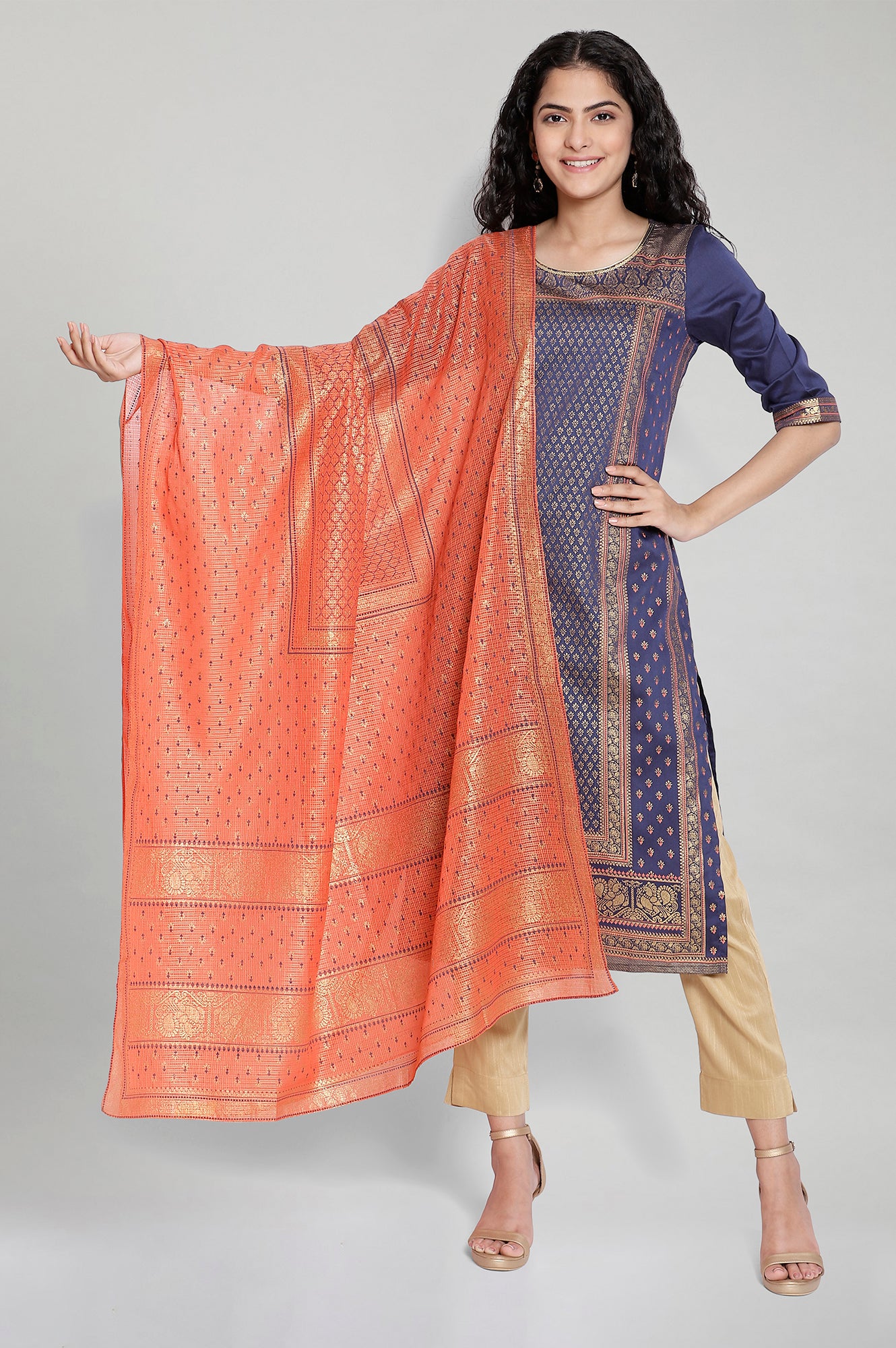 Orange Foil Print Dupatta