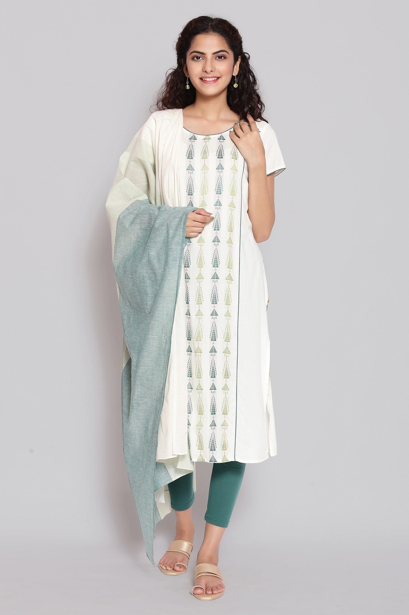 Green Cotton Dobby Geometric Print Dupatta