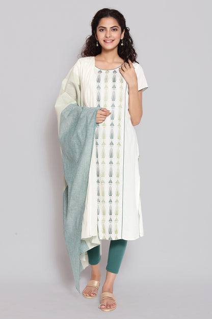 Green Cotton Dobby Geometric Print Dupatta