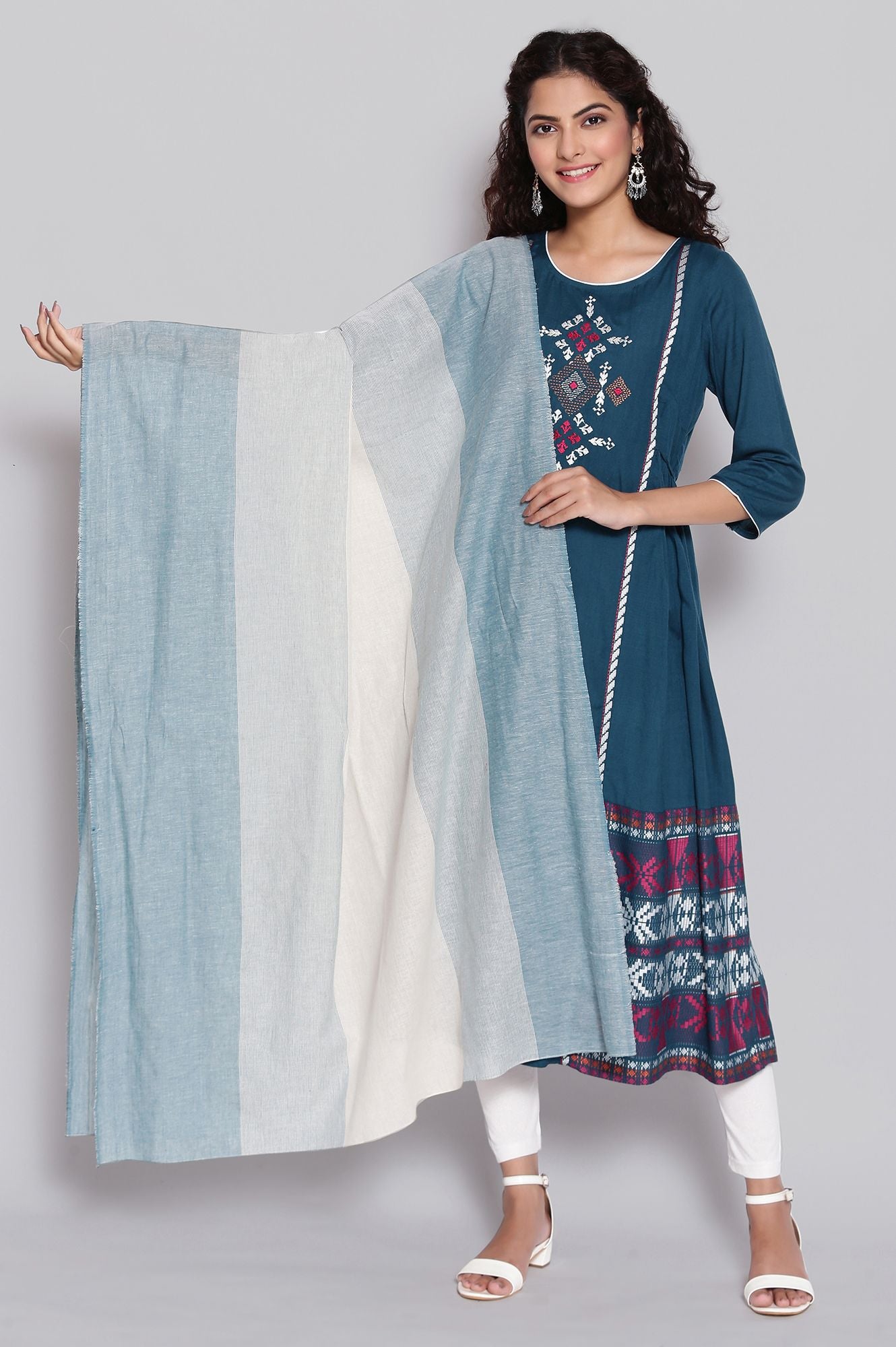 Blue Cotton Dobby Geometric Print Dupatta