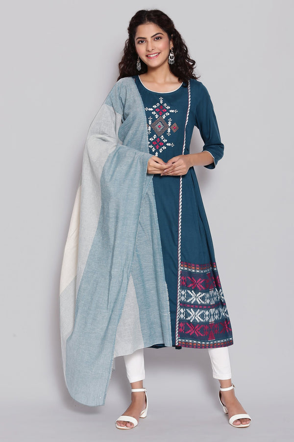 Blue Cotton Dobby Geometric Print Dupatta
