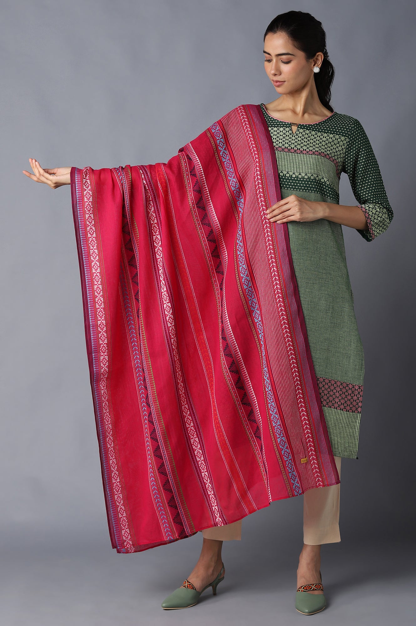 Pink Cotton Dobby Geometric Print Dupatta