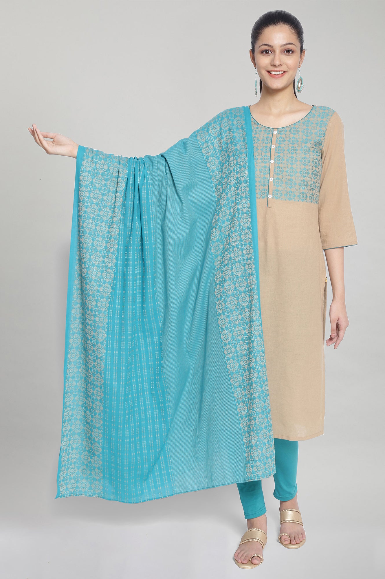 Teal Blue Printed Cotton Dupatta