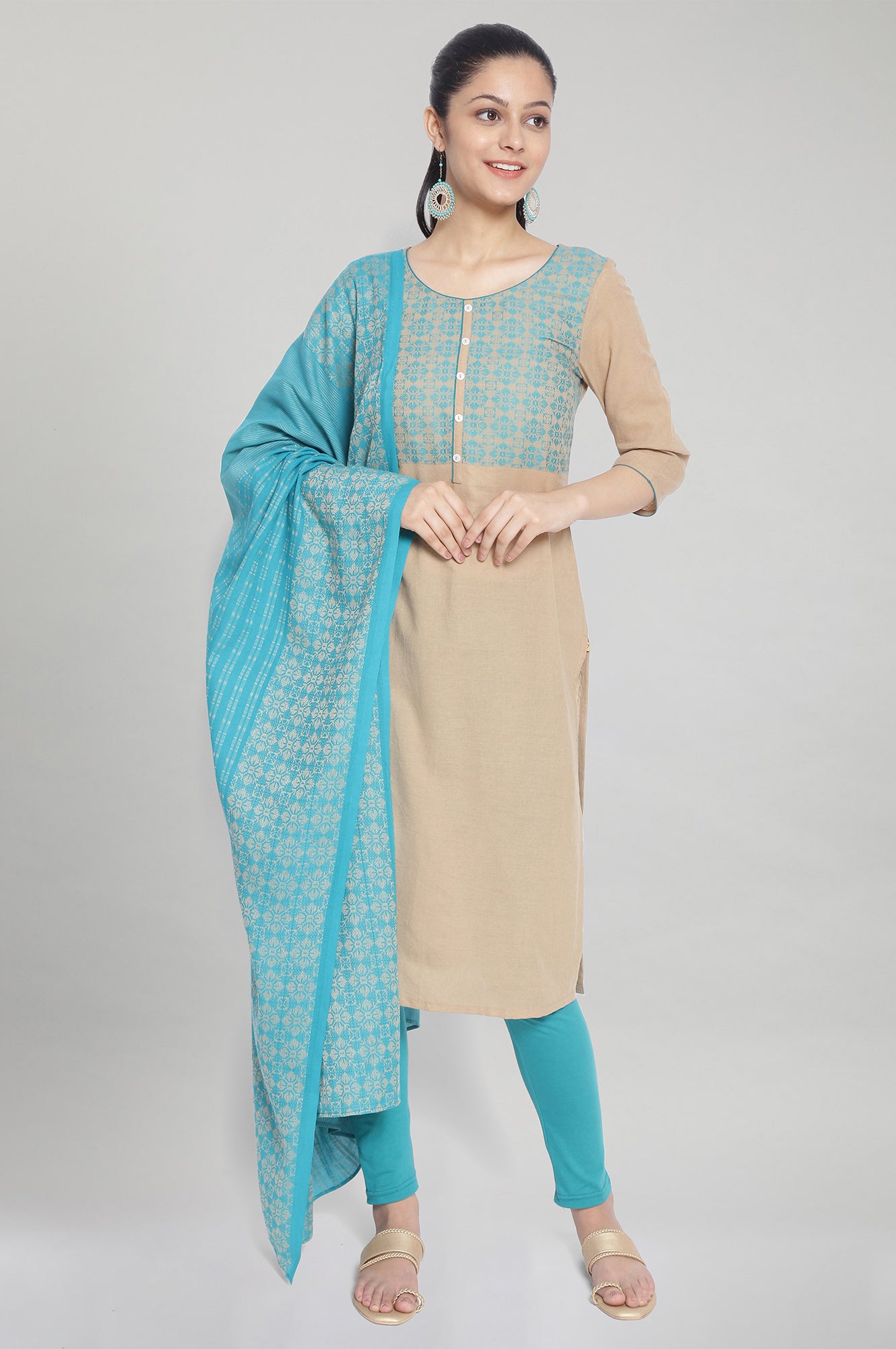 Teal Blue Printed Cotton Dupatta