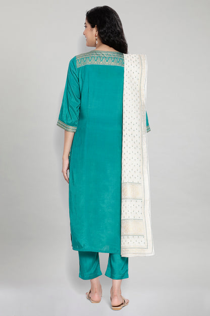 Green Printed kurta-Trouser-White Dupatta Set