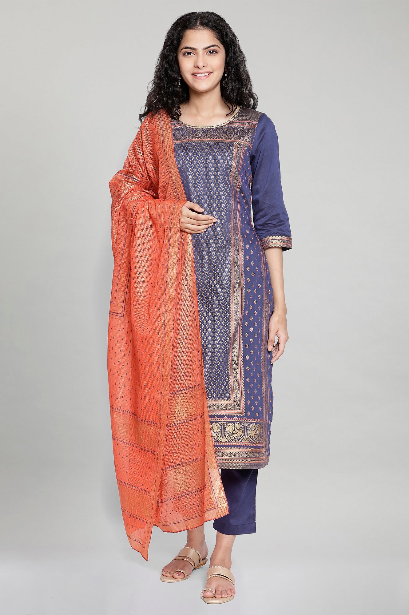 Blue Printed kurta-Trouser-Orange Dupatta Set