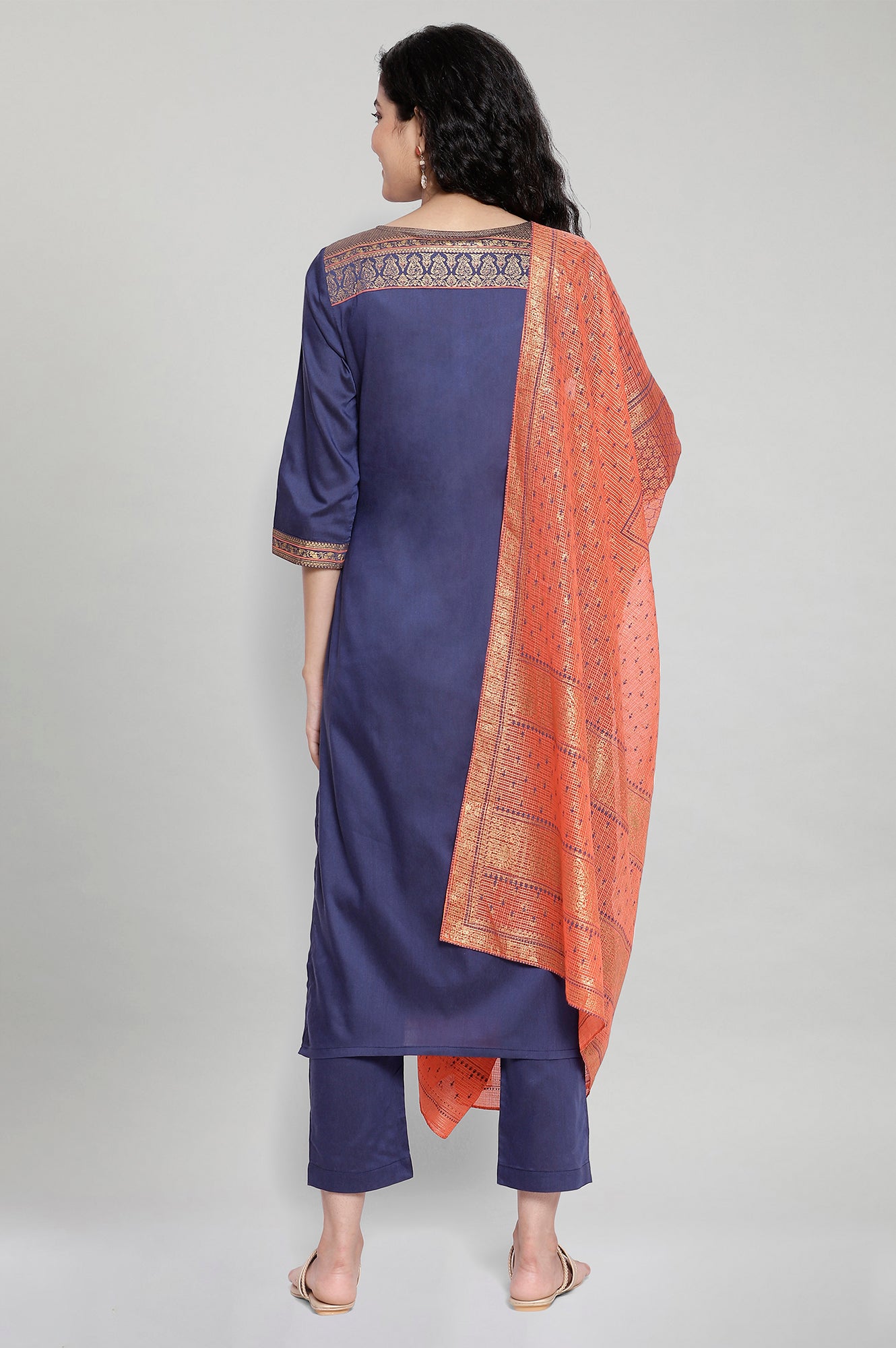 Blue Printed kurta-Trouser-Orange Dupatta Set