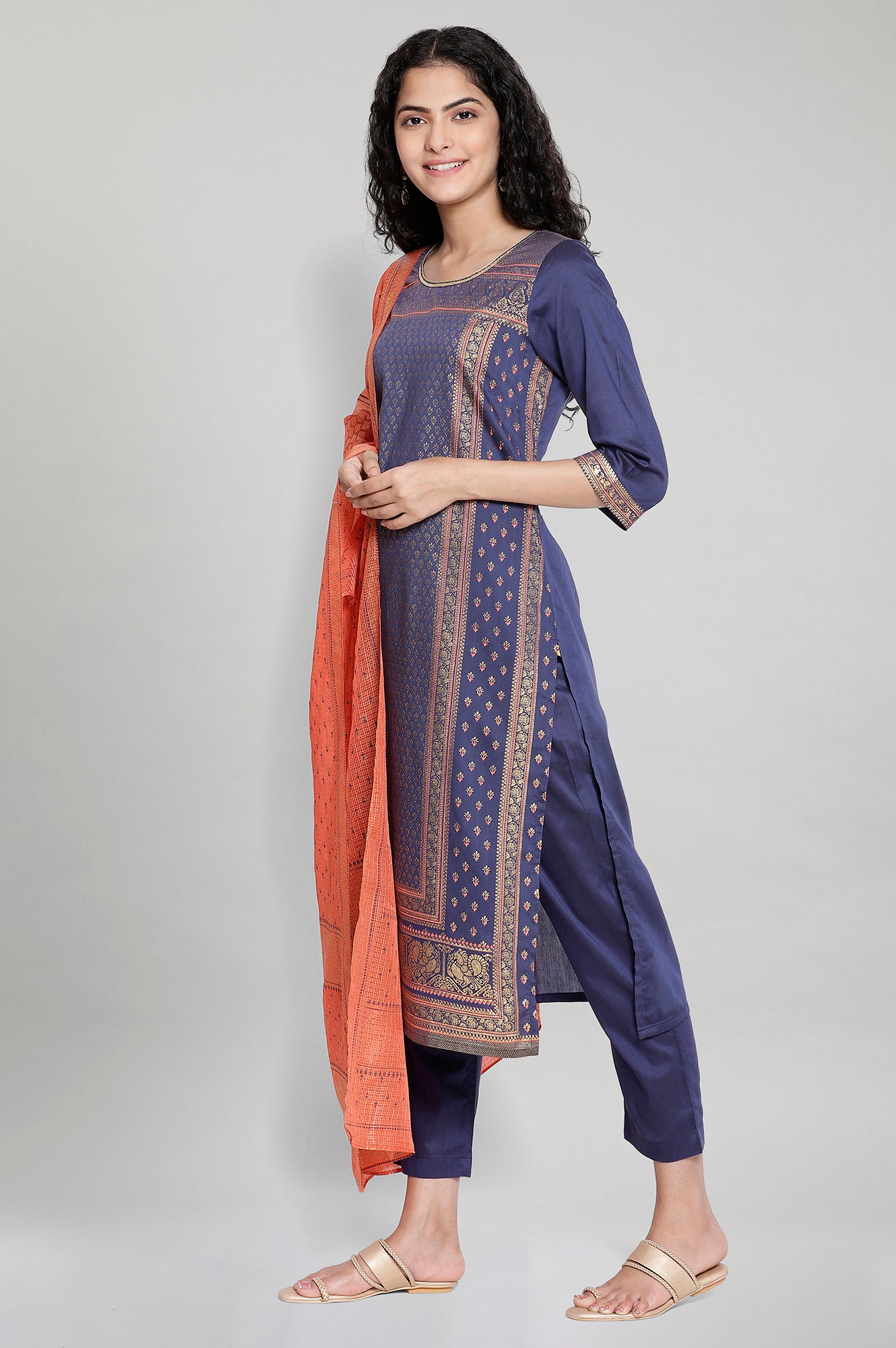 Blue Printed kurta-Trouser-Orange Dupatta Set