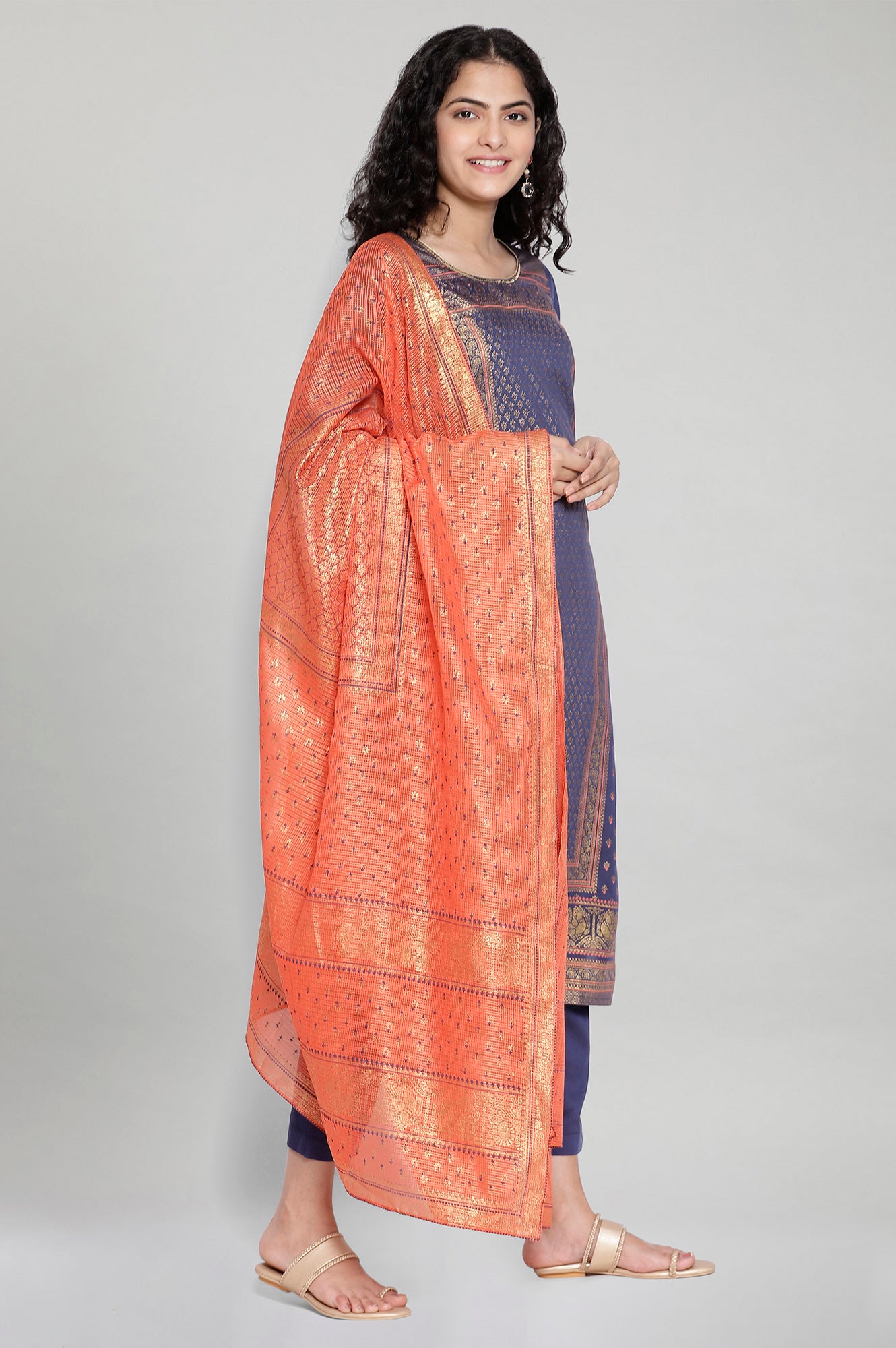 Blue Printed kurta-Trouser-Orange Dupatta Set