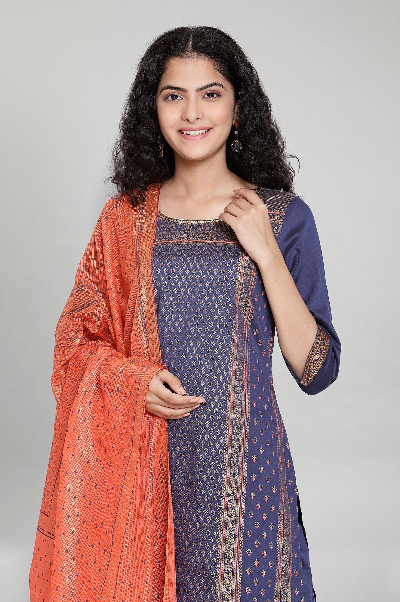 Blue Printed kurta-Trouser-Orange Dupatta Set