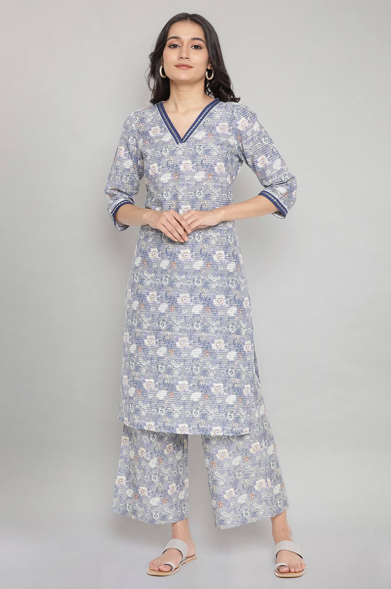 Stonewash Grey Floral Print Casual kurta- Palazzo Set