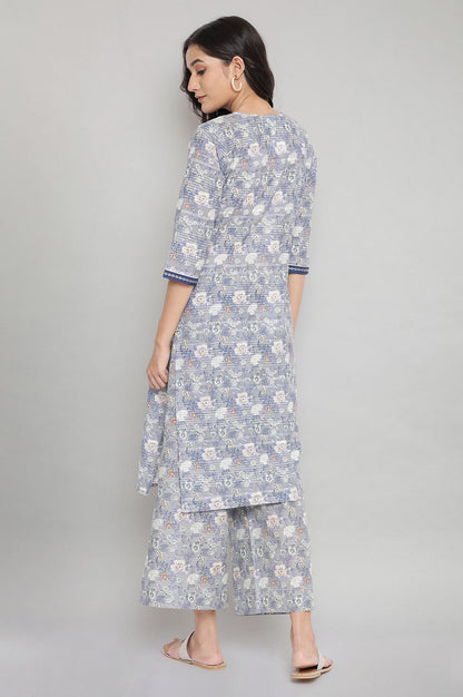 Stonewash Grey Floral Print Casual kurta- Palazzo Set