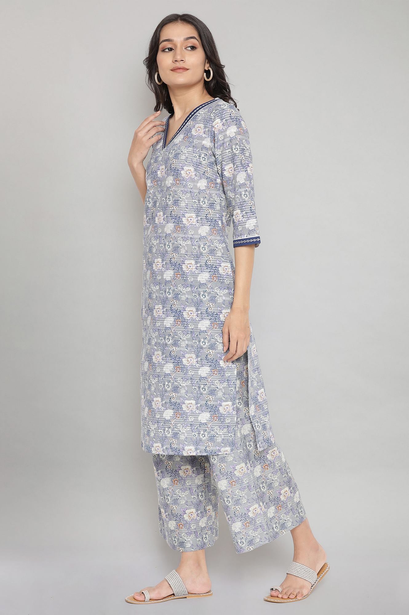 Stonewash Grey Floral Print Casual kurta- Palazzo Set