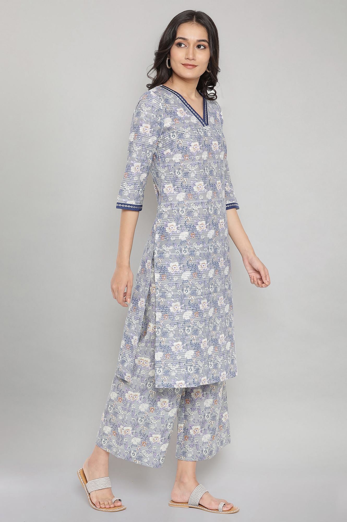 Stonewash Grey Floral Print Casual kurta- Palazzo Set