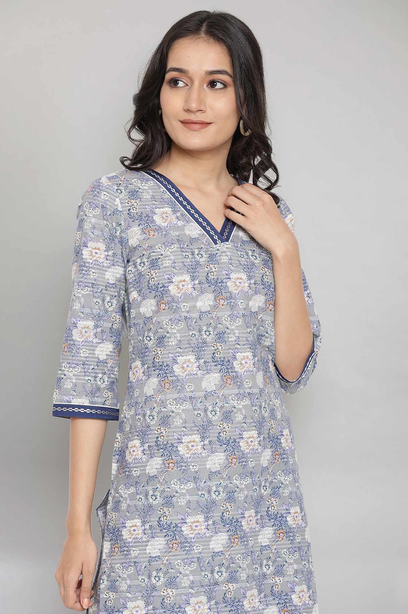 Stonewash Grey Floral Print Casual kurta- Palazzo Set