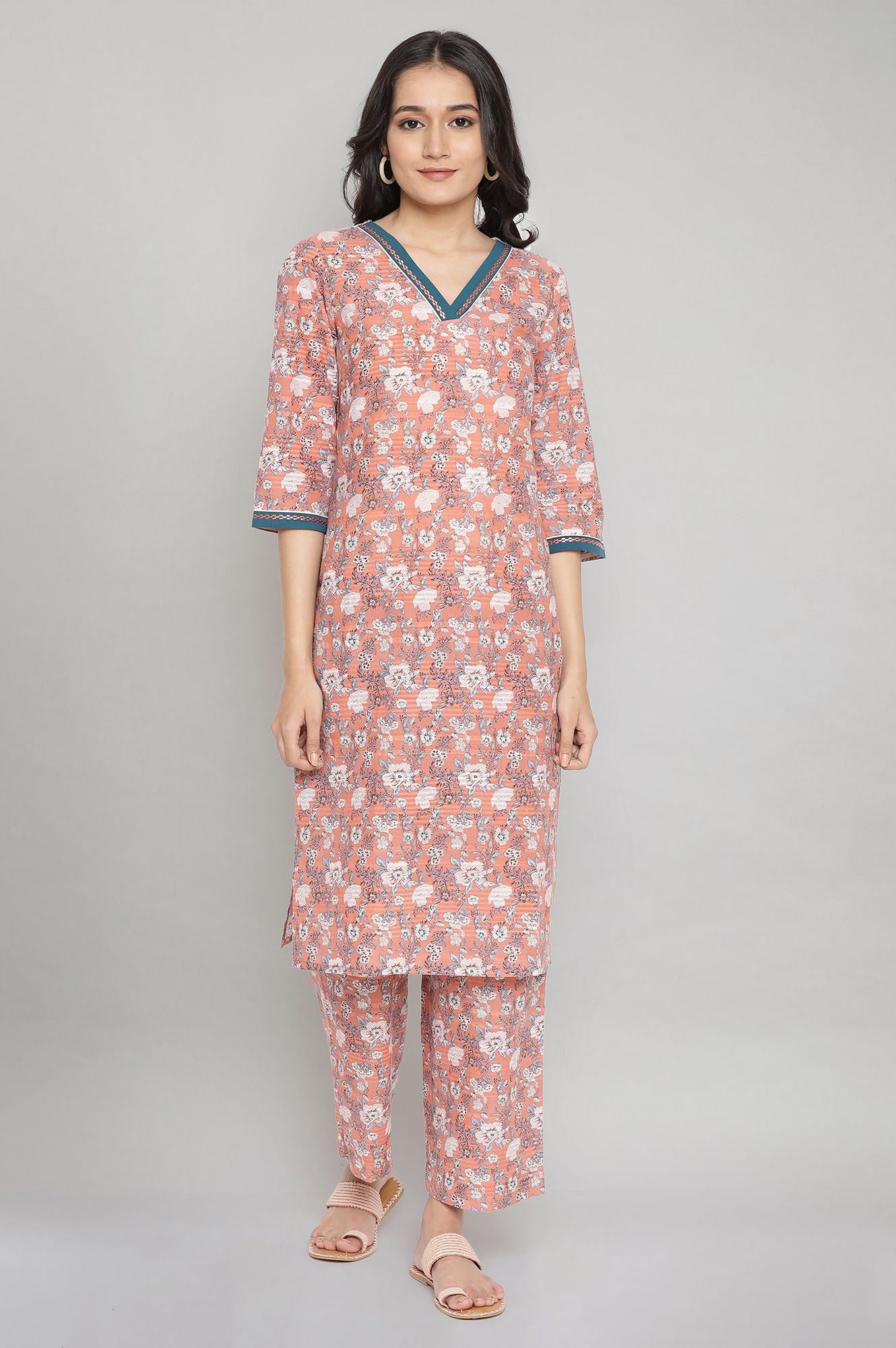 Peach Floral Print Casual kurta- Palazzo Set