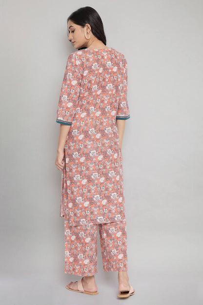 Peach Floral Print Casual kurta- Palazzo Set