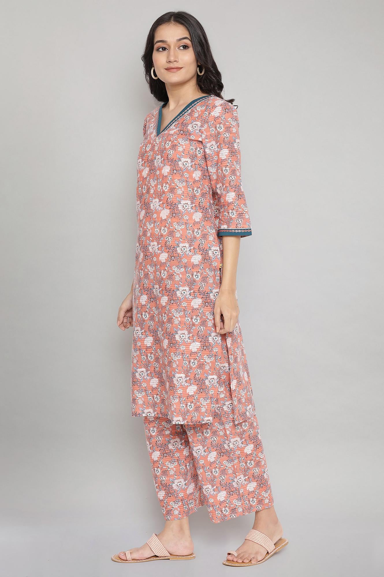 Peach Floral Print Casual kurta- Palazzo Set