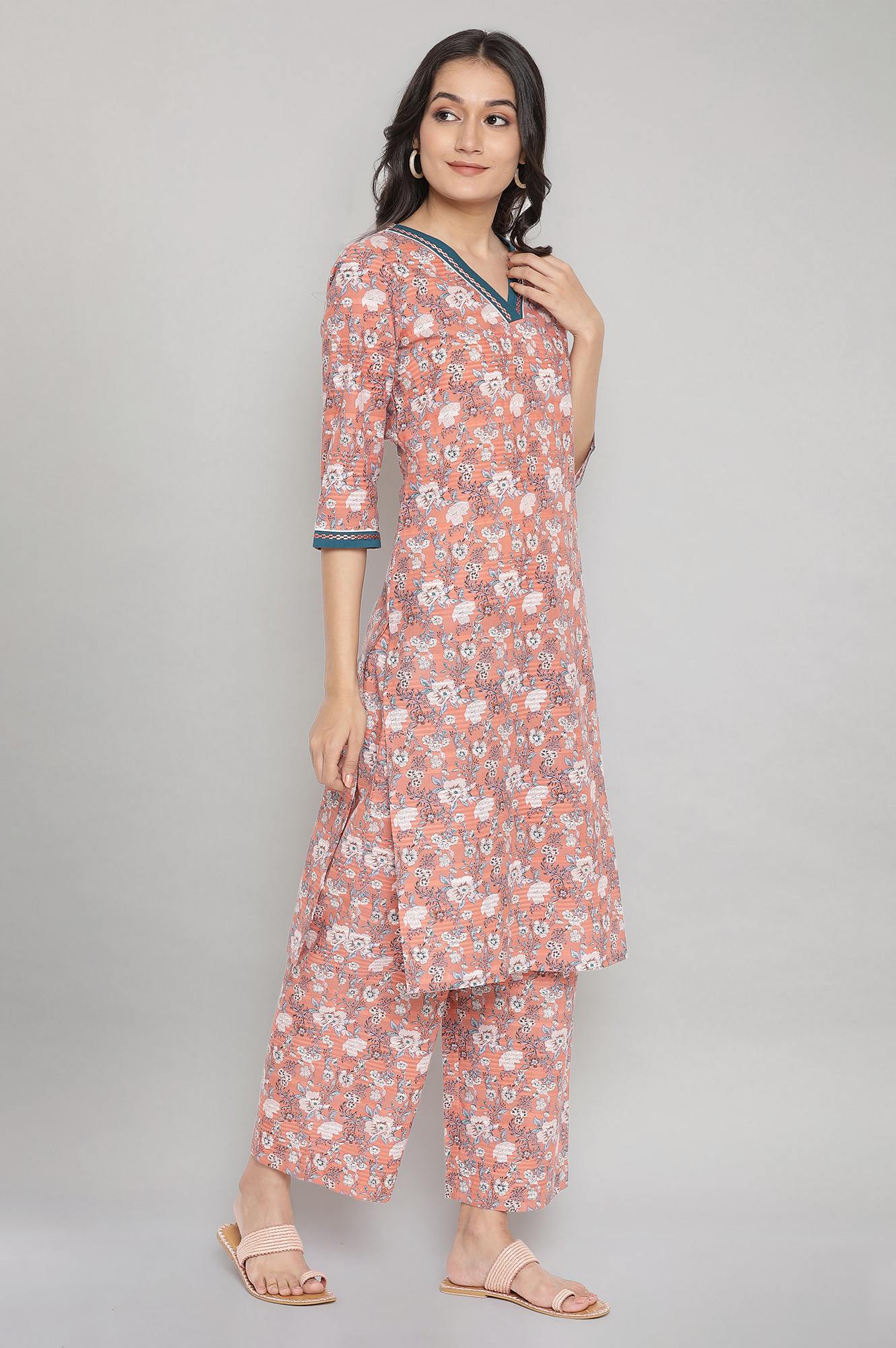 Peach Floral Print Casual kurta- Palazzo Set