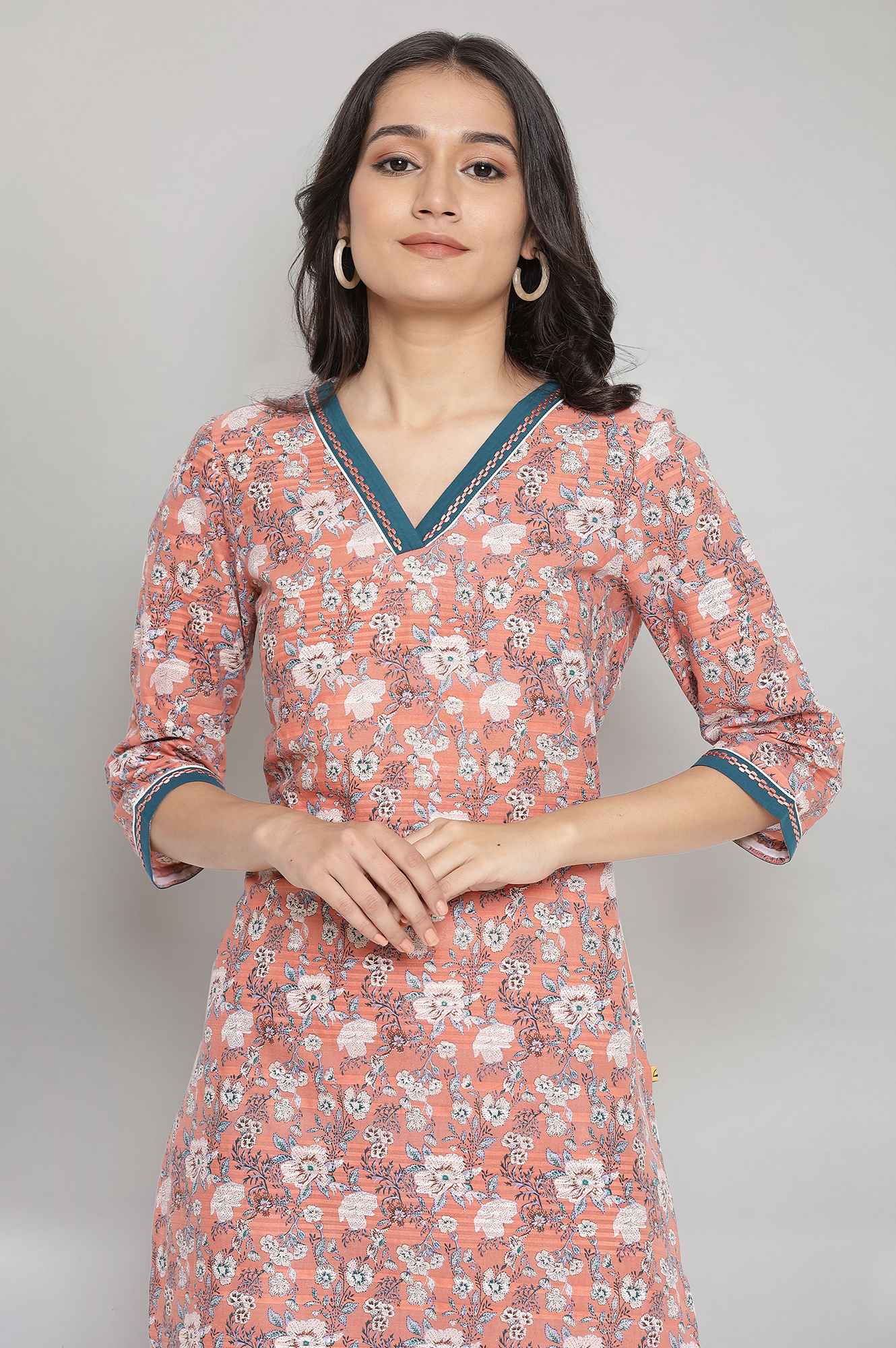 Peach Floral Print Casual kurta- Palazzo Set