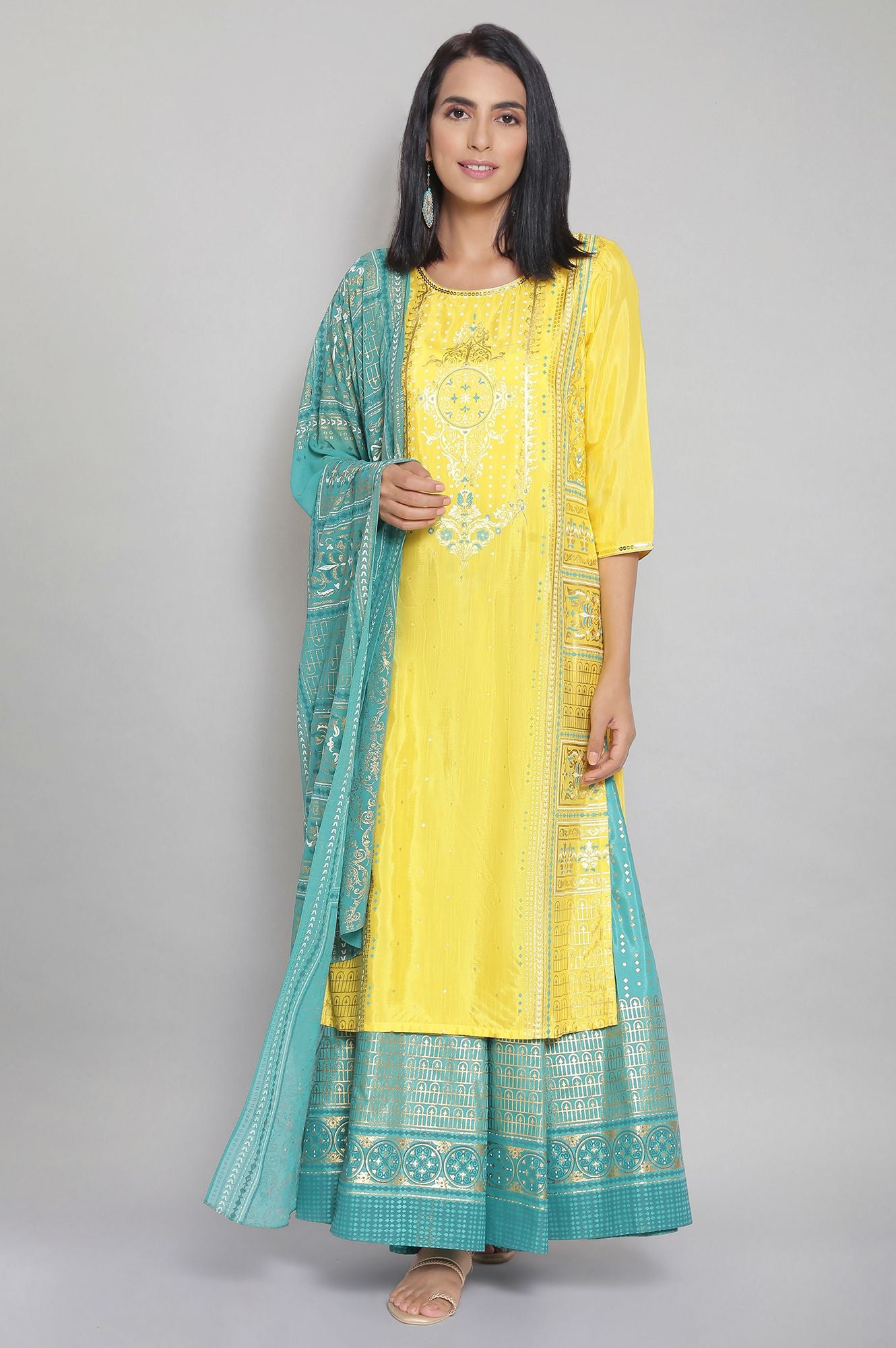 Yellow kurta Green Palazzo and Dupatta Set