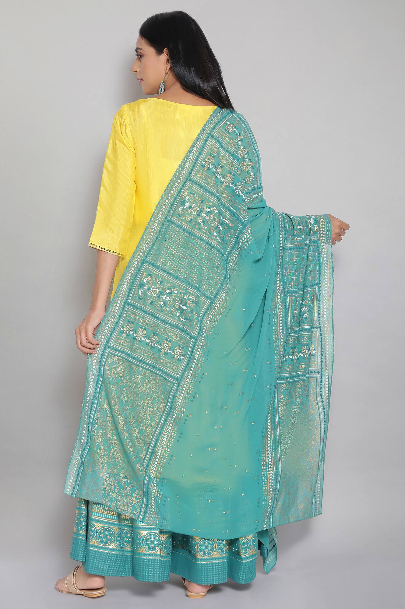 Yellow kurta Green Palazzo and Dupatta Set