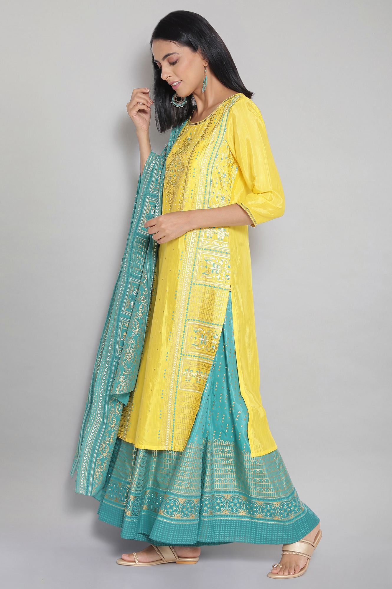 Yellow kurta Green Palazzo and Dupatta Set