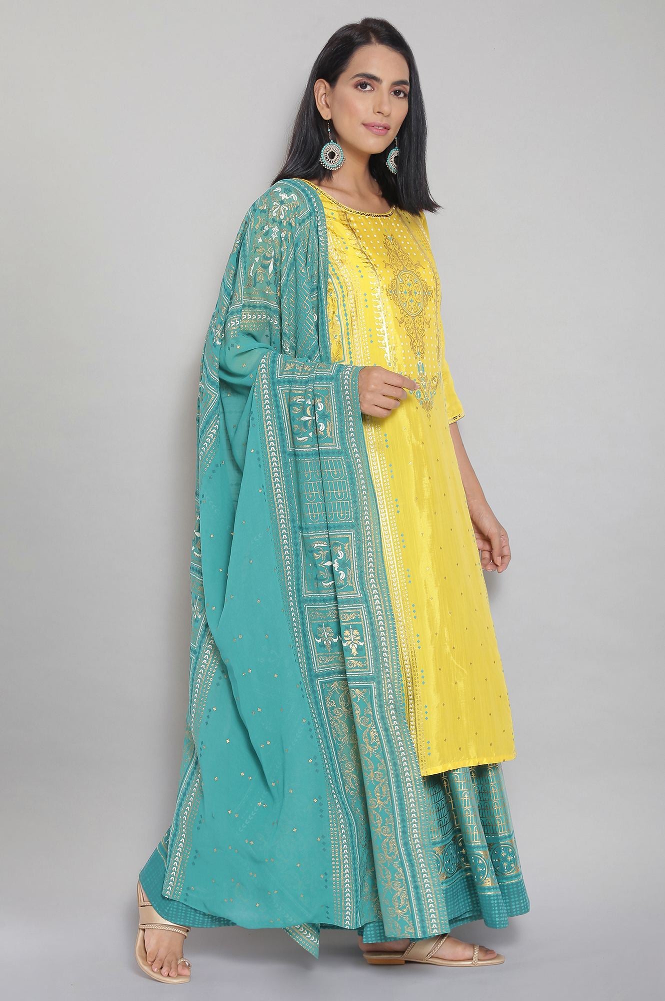 Yellow kurta Green Palazzo and Dupatta Set