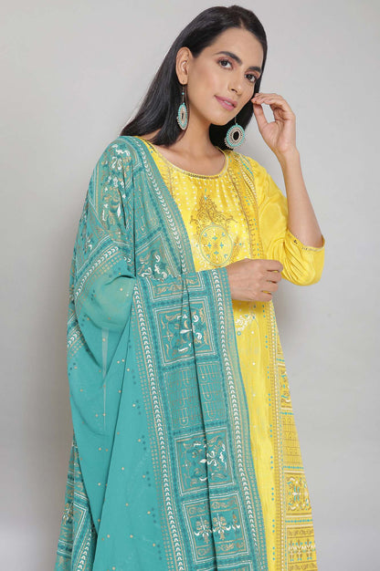 Yellow kurta Green Palazzo and Dupatta Set