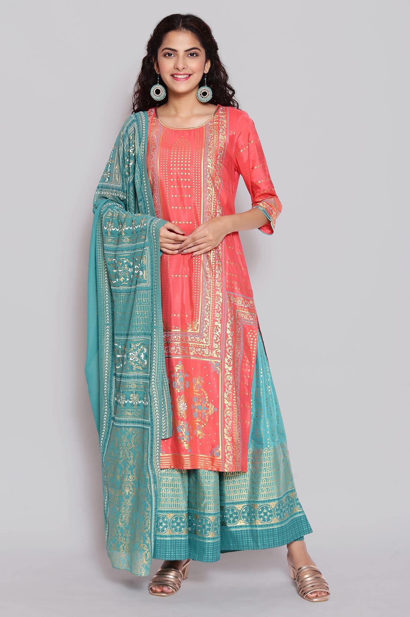 Peach Printed Straight kurta Palazzos Dupatta Set