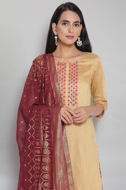 Gold kurta- Maroon Skirt- Dupatta Set