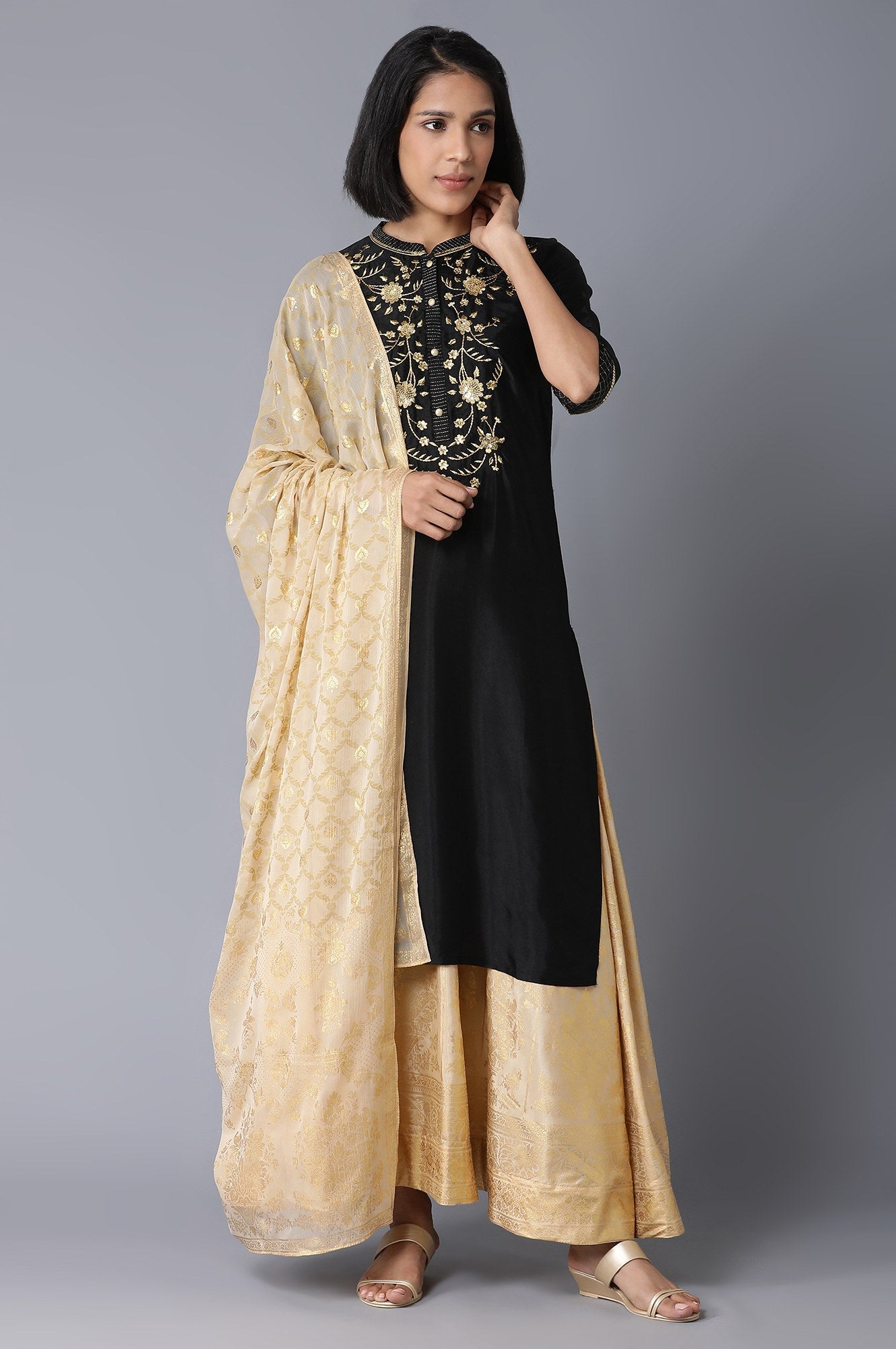 Black Straight Solid kurta-Flared Skirt-Dupatta Set