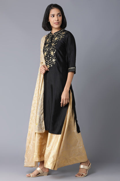 Black Straight Solid kurta-Flared Skirt-Dupatta Set